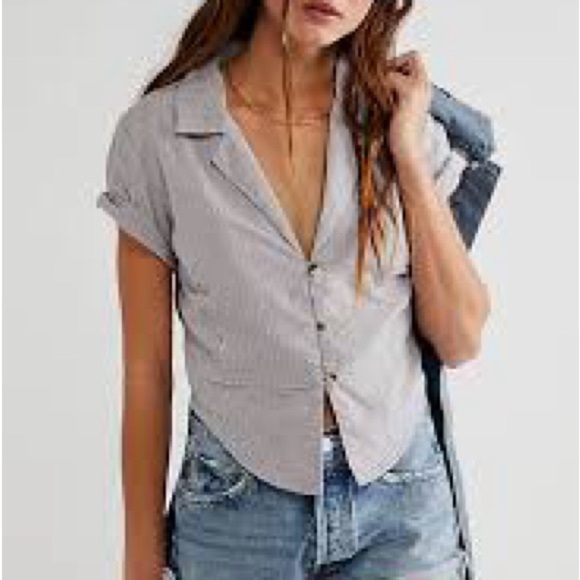 Free People We The Free Annabelle Button front Blue Striped Blouse Size L Boho - Picture 1 of 13